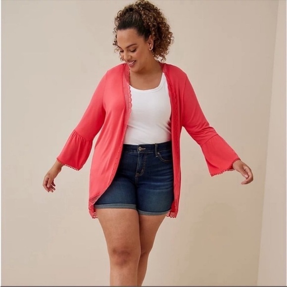Torrid Cardigan Women 1X 14 16 Cover up Coral Pink Soft Knit Lace Trim Top HH - Picture 1 of 10